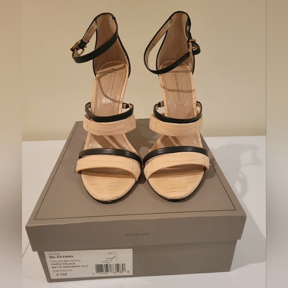 BCBG Black and tan heeled sandals